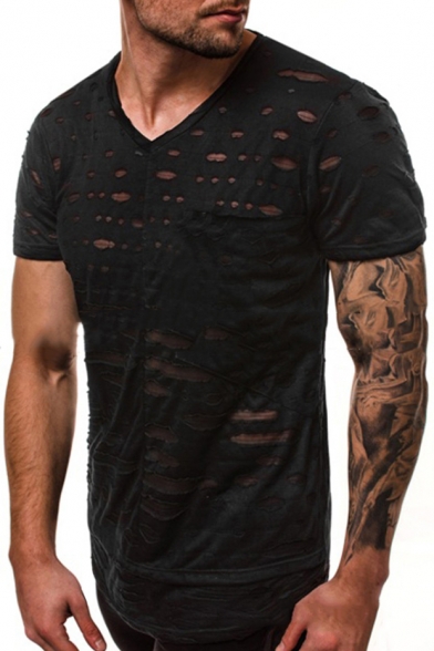 Hot!Mens Shredded Monochrome T-Shirt Ninasill Hollow Irregular Short Sleeve Round Neck Tops Casual Sporty Summer Blouse 