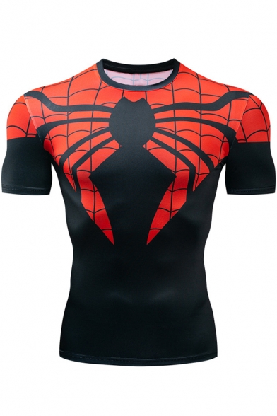 Mens Cool 3D Spider Web Pattern Short Sleeve Quick Drying Running Fitness Tight T-Shirt