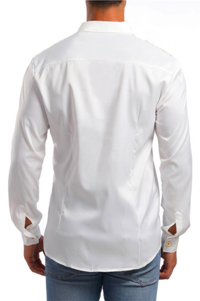 Mens Cool Shoulder Epaulet Long Sleeve Simple Plain Button Front Fitted Shirt