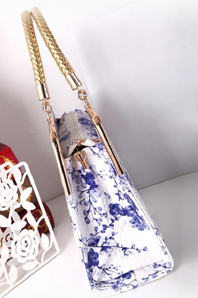 National Stylish Floral Printed Metal Edging Top Handle Satchel Handbag for Women 31*10*21 CM