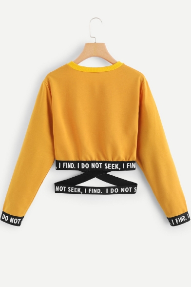New Fashion Cool Letter Hem Basic Round Neck Long Sleeve Cropped Sweatshirt