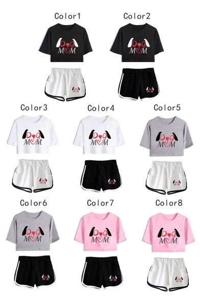 New Fashion Unique Letter DOG MOM Print Cropped Tee with Dolphin Shorts Sport Two-Piece Set