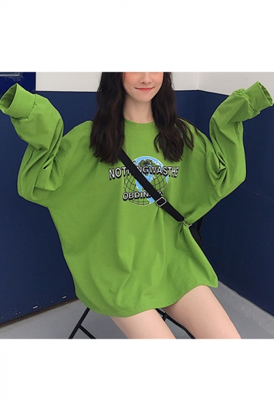 New Popular Green Earth Letter Print Round Neck Long Sleeve Loose Oversized Sweatshirt