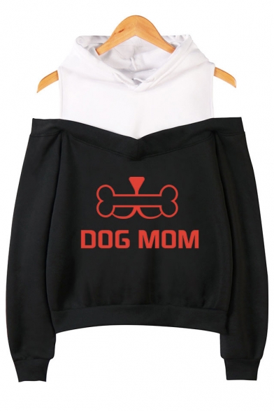 Popular Funny Bone Letter DOG MOM Printed Cold Shoulder Long Sleeve Casual Loose Hoodie