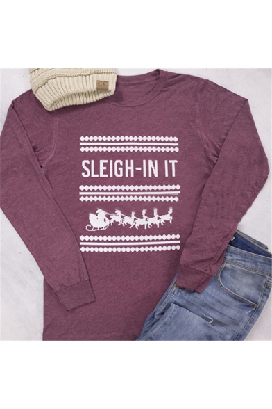 Popular Letter SLEIGH-IN IT Pattern Basic Round Neck Long Sleeve Casual Loose Purple Graphic Tee