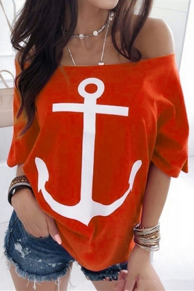 Popular Simple Anchor Pattern Sexy Off the Shoulder Short Sleeve Loose Fit T-Shirt