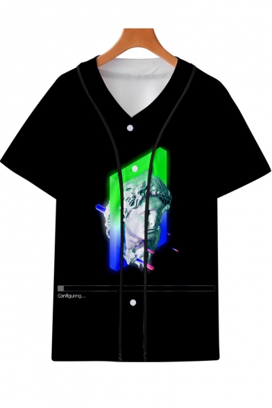 Popular Vaporwave Cool 3D Printed V-Neck Short Sleeve Button Down Baseball Shirt