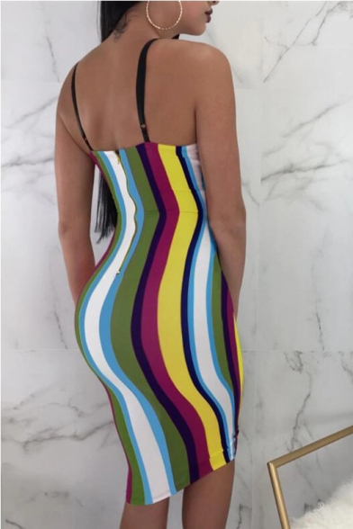 Sexy V Neck Colorblock Striped Printed Lace Up Open Back Midi Bodycon Bodycon