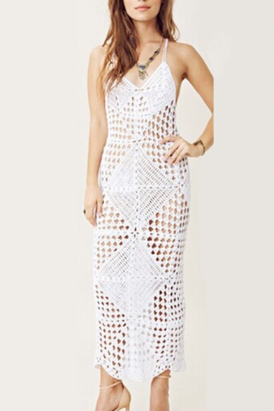 Sexy V-Neck Sleeveless Hollow Out Crochet Open Back Maxi White Bikini Cover Up Cami Dress