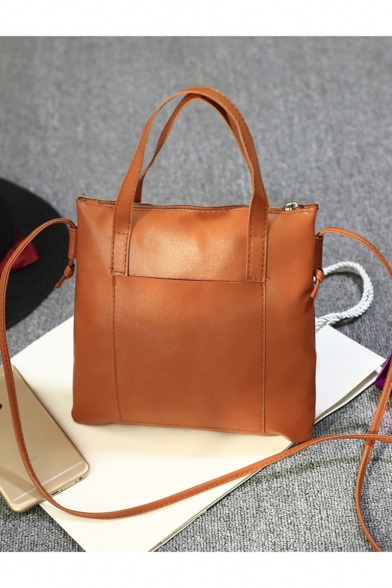 Simple Fashion Solid Color PU Leather Satchel Shoulder Bag with Strap