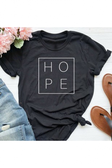 Simple Square Letter HOPE Printed Round Neck Short Sleeve Black Tee