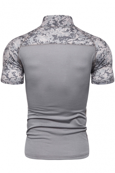 Stylish Camo Patched Zipper Stand Collar Short Sleeve Slim Polo Shirt for Men