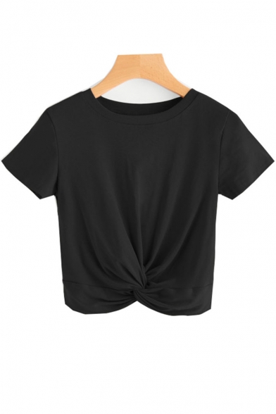 

Summer Basic Simple Plain Round Neck Short Sleeve Twist Hem Cropped Tee, Black;burgundy;white;yellow;khaki, LC534501