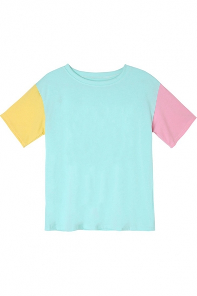 Summer Chic Color Block Short Sleeve Round Neck Casual Loose Cotton Tee