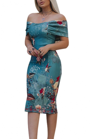 Summer Fashion Holiday Floral Printed Off the Shoulder Split Side Midi Bodycon Dresss