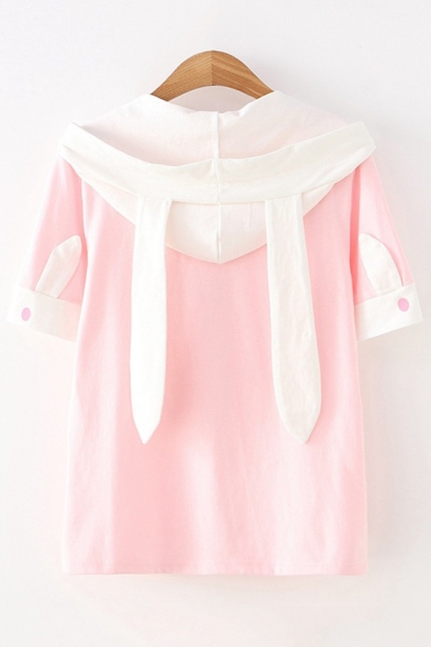 Summer Girls Lovely Pink Cartoon Rabbit Pattern Short Sleeve Hooded Casual T-Shirt