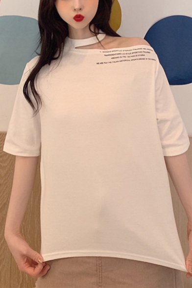Summer Girls Simple Letter Printed Cold Shoulder Short Sleeve Casual Loose T-Shirt