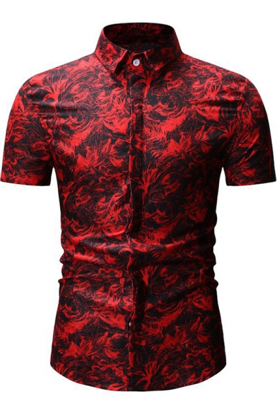 Summer New Stylish Pattern Short Sleeve Concealed Button Front Slim Fit Shirt