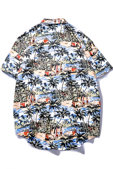 Summer Popular Hawaiian Style Tropical Print Short Sleeve Cotton Loose Beach Shirt