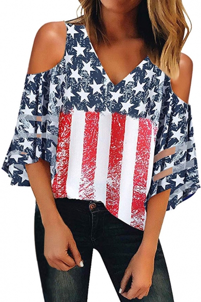 Summer Trendy American Flag Printed Cold Shoulder Mesh Panel Sleeve Loose Fit V-Neck T-Shirt