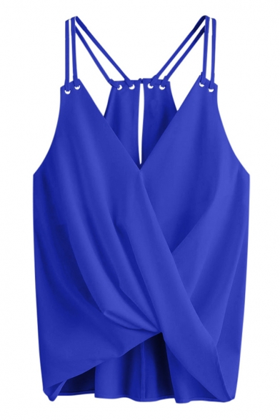 Summer Trendy Simple Plain Multi-Straps Sleeveless V Neck Chiffon Cami Top