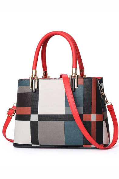 Trendy Color Block Plaid Pattern Shoulder Handbag for Women 28*13*20 CM