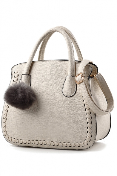 Trendy Solid Color Weaving Detail Plush Ball Embellishment PU Leather Satchel Shoulder Bag 27*16*23 CM
