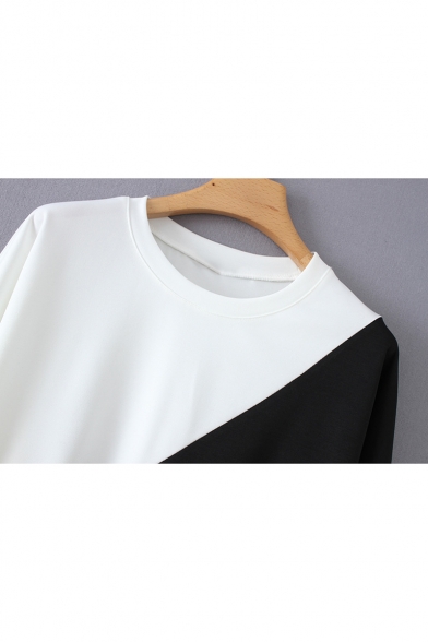 Unique Colorblock Round Neck Long Sleeve Elastic Hem Loose Casual Black and White Sweatshirt