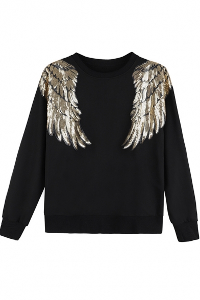 Unique Wing Sequined Patched Round Neck Long Sleeve Sweatshirt