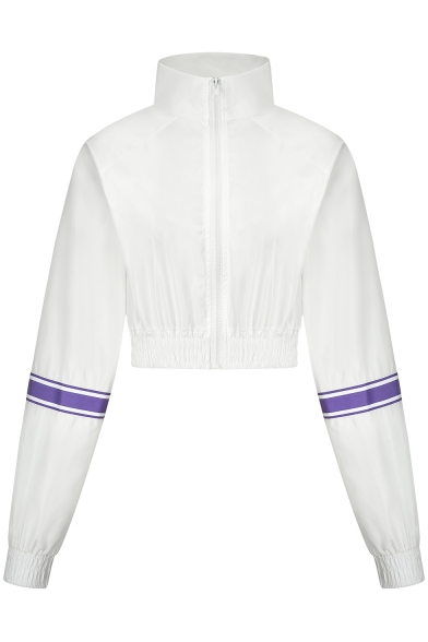 White Color Block Stripe Long Sleeve Stand Collar Velvet Cropped Zip Up Sweatshirt