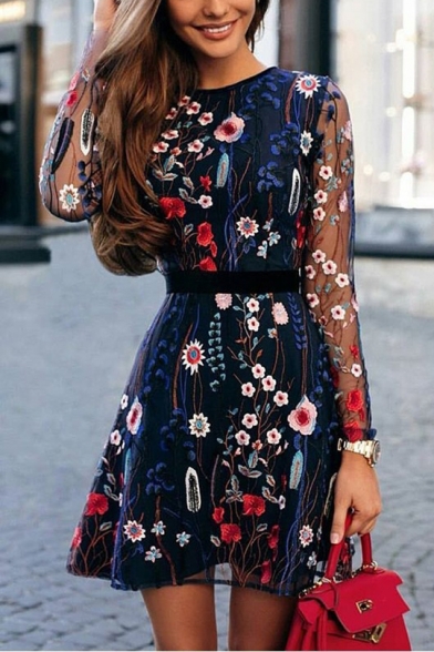 Women's Elegant Embroidered Floral Long Sleeve Round Neck Mesh Patch Mini Boho Dress