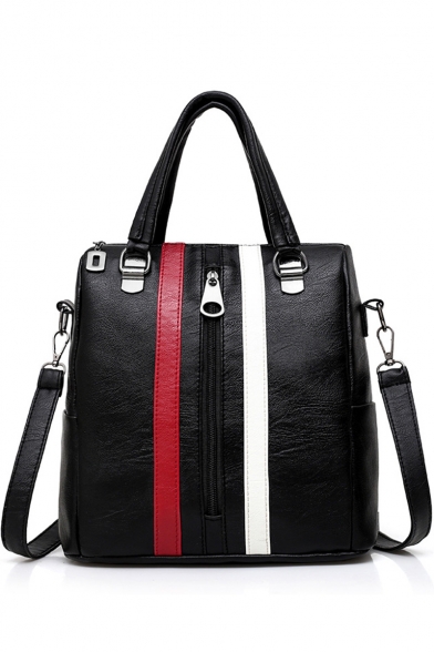 Women's Fashion Colorblock Stripe Patched PU Leather Tote Shoulder Bag Backpack 30*27*10 CM