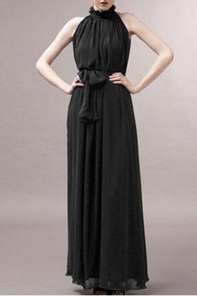 Women's Fashion Halter Neck Sleeveless Simple Plain Maxi Bohemian Chiffon Dress