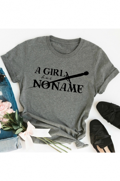 Women's Fashion Letter A GIRL HAS NO NAME Printed Short Sleeve Round Neck Grey T-Shirt
