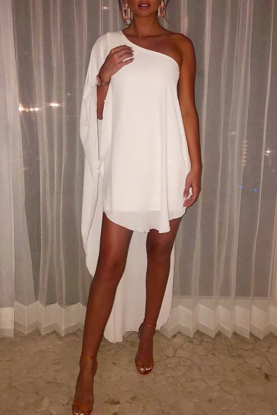 Women's Funny Simple Plain One Shoulder Long Sleeve Asymmetric Hem Midi White Dress
