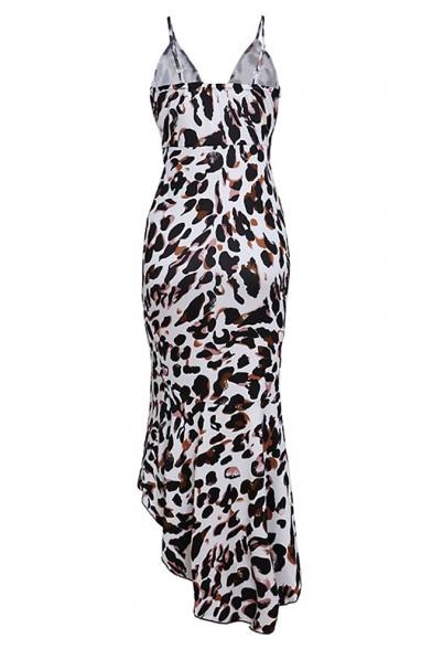 Women's V-Neck Sleeveless Leopard Printed Maxi Dovetail Slip Dress