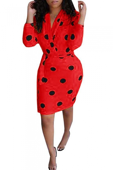 Women's New Trendy V Neck Polka Dot Printed Mini Bodycon Dress