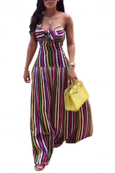 Women's Sexy Off The Shoulder Sleeveless Stripes Printed Bandeau Maxi Dress