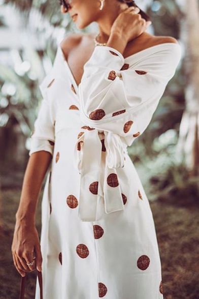 Women's Stylish Off The Shoulder Half Sleeve Polka Dot Printed Bow-Tied Waist Maxi White A-Line Dress