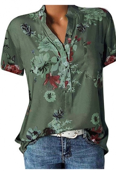 Summer Womens Casual Floral Blouse Button V Neck Short Sleeve T Shirt Loose Tops 