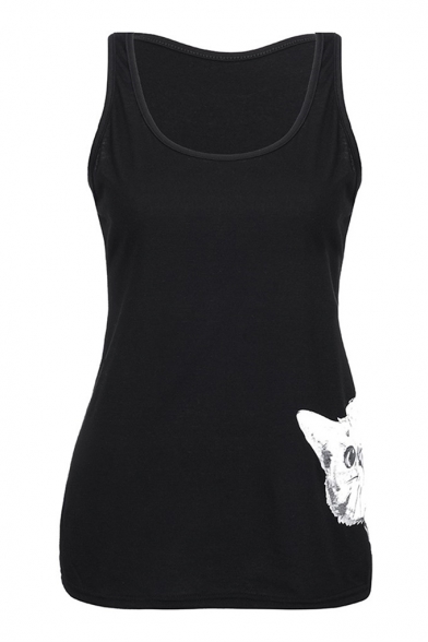 Women's Summer Fashion Cute Cat Printed Sleeveless Round Neck Black Tank Top