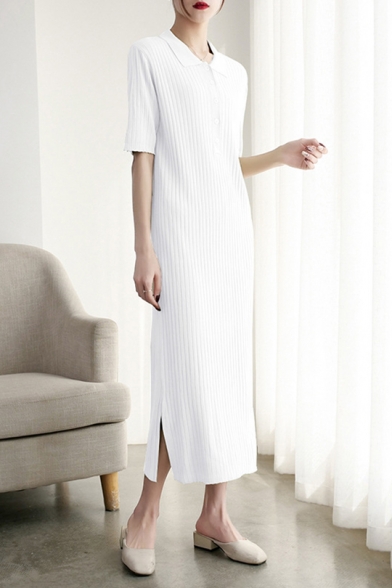 Women's Summer Simple Plain Button Front Turn-Down Collar Short Sleeve Maxi Shift Knit Polo Dress