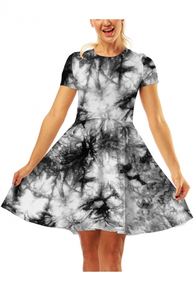 Women's Summer Trendy 3D Pattern Short Sleeve Round Neck Mini A-Line Flared Dress