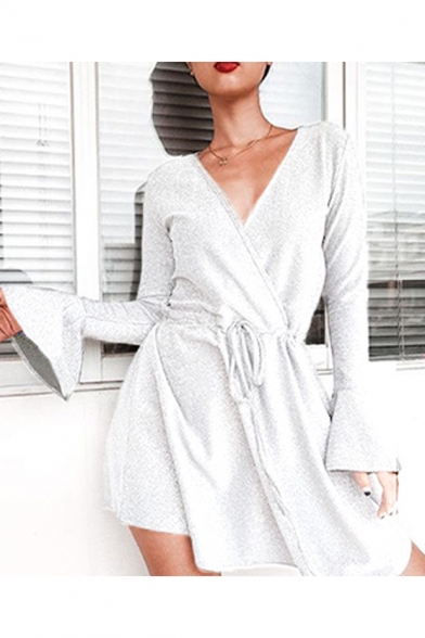 Womens Hot Fashion Simple Plain Surplice V-Neck Ruffled Long Sleeve Drawstring Waist Mini A-Line Dress