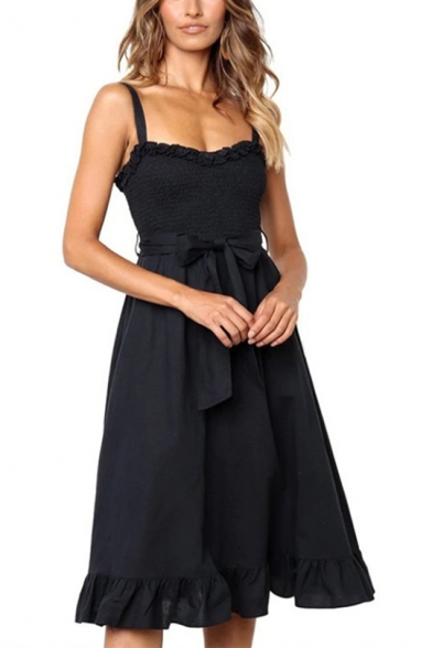 Womens Simple Solid Color Sleeveless Sash Detail Tied Waist Midi A-Line Ruffled Strap Dress