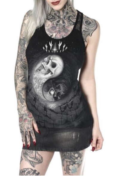 Womens Summer Cool Skull Printed Scoop Neck Sleeveless Fitted Tank Top