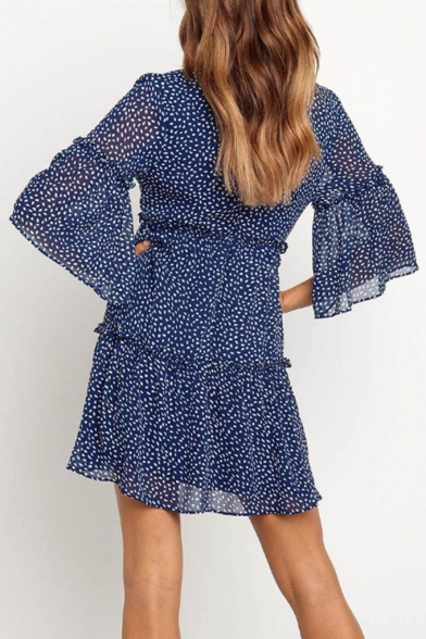 Womens Summer New Trendy Polka Dot Printed V-Neck Mini A-Line Ruffled Dress