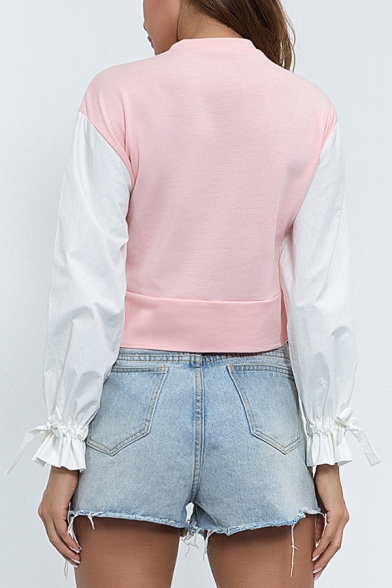 Womens Trendy Solid Color Patchwork Bow-Tied Cuff Long Sleeve Pink Cropped Sweatshirt