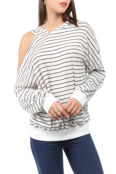 Womens Trendy White Striped Printed Cold Shoulder Long Sleeve Relaxed Hoodie