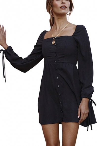 Womens Vintage Solid Color Square Neck Tied Cuff Long Sleeve Button Down Mini A-Line Dress